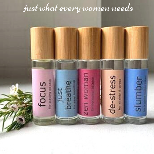 de-stress essential oil roller blend with lavender, Frankincense & Litsea. focus essential oil roller blend with basil wild Orange, and Douglas Fir. just breathe essential oil roller blend with Eucalyptus, Peppermint and Rosemary. slumber essential oil roller with Lavender, Frankincense and Vetiver. zen woman essential oil roller blend with clary sage, fennel and Litsea.