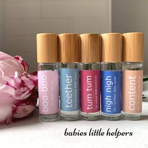boo boo essential oil roller blend containing Helichrysum, Lavender and Tea Tree oil. content essential oil roller blend with lavender, Douglas Fir and Litsea. nigh nigh essential oil roller blend with Lavender, Roman Chamomile and Vetiver. teether essential oil roller blend with Copaiba, Lavender and Roman Chamomile. tum tum essential oil roller blend with Digestzen and Lavender.