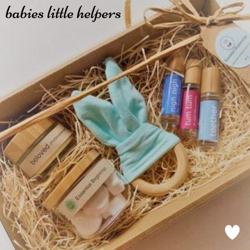Babies essential oil gift boxes will thrill mum and are great for baby showers.  Containing a range of essential oil and wellness products including bath bombs to relax babies, beloved balm for nappy rash, roller blends for colic, wind, tummy aches, sleep, anxiety and teething ring and roller for painful gums. Beautifully gift boxed.