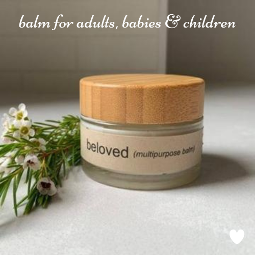 A bamboo and glass re-useable jar containing containing an essential oil multipurpose balm for adults, babies and children.