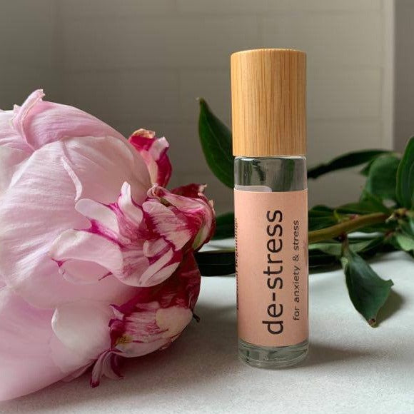 de-stress essential oil roller blend with lavender, Frankincense & Litsea.