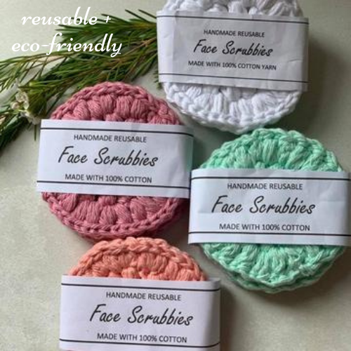 Handmade reusable round cotton facewipes in 4 different colours of rose pink, mint green, salmon and white, in packs of 3 rounds.