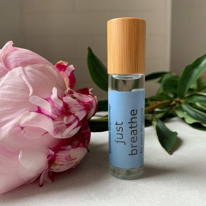 just breathe essential oil roller blend with Eucalyptus, Peppermint and Rosemary.