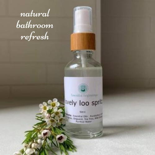 50ml natural bamboo and glass bottle with lid containing essential oil spray for the toilet or bathroom.