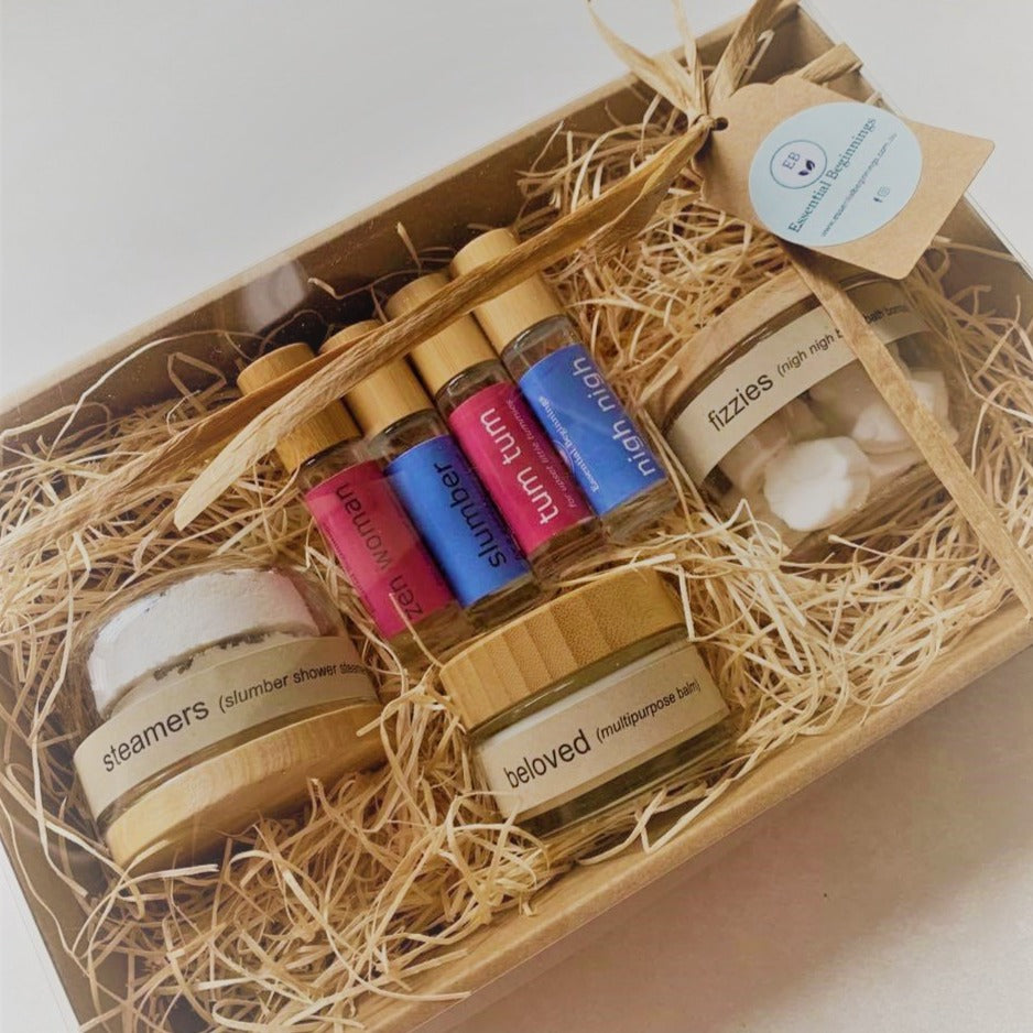 Essential mum n baby gift box has everything required for mum and baby to get the best from life. Containing 4 roller blends, zen woman, slumber, tum tum, nigh nigh, bath salts or shower steamer, fizzies baby bombs and beloved balm, this is the perfect gift to help both mum and baby unwind at the end of the day.