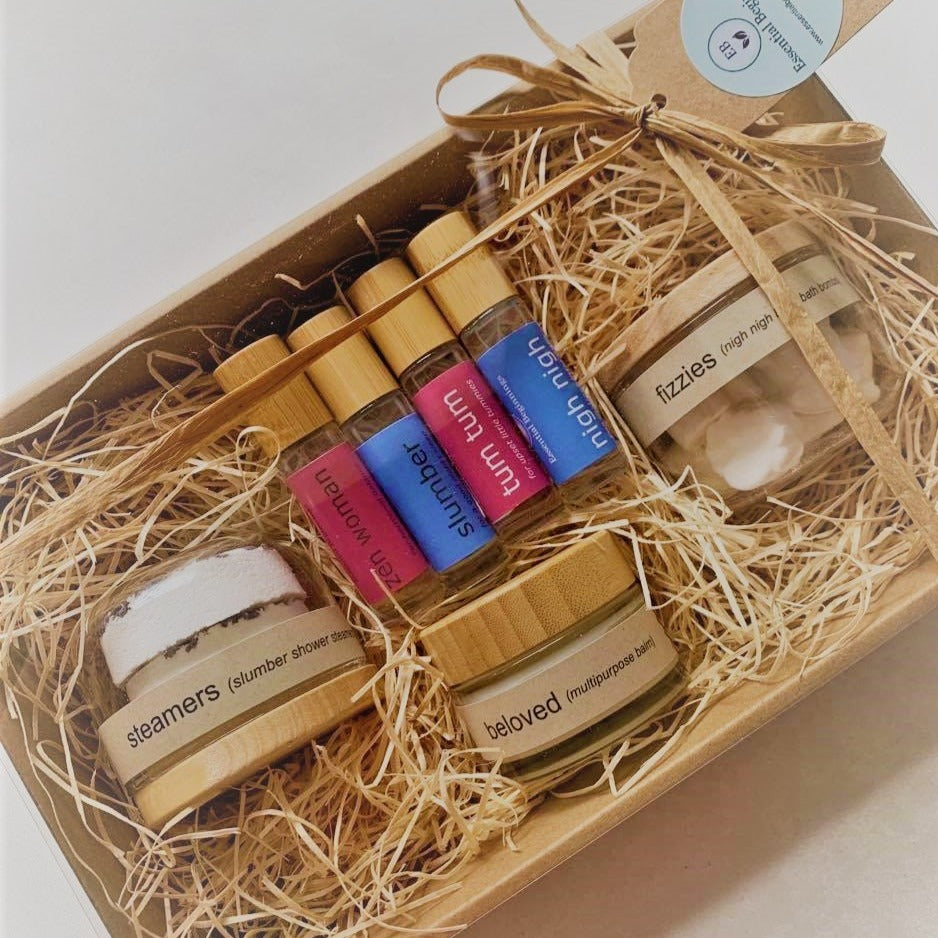 Essential mum n baby gift box has everything required for mum and baby to get the best from life. Containing 4 roller blends, zen woman, slumber, tum tum, nigh nigh, bath salts or shower steamer, fizzies baby bombs and beloved balm, this is the perfect gift to help both mum and baby unwind at the end of the day.