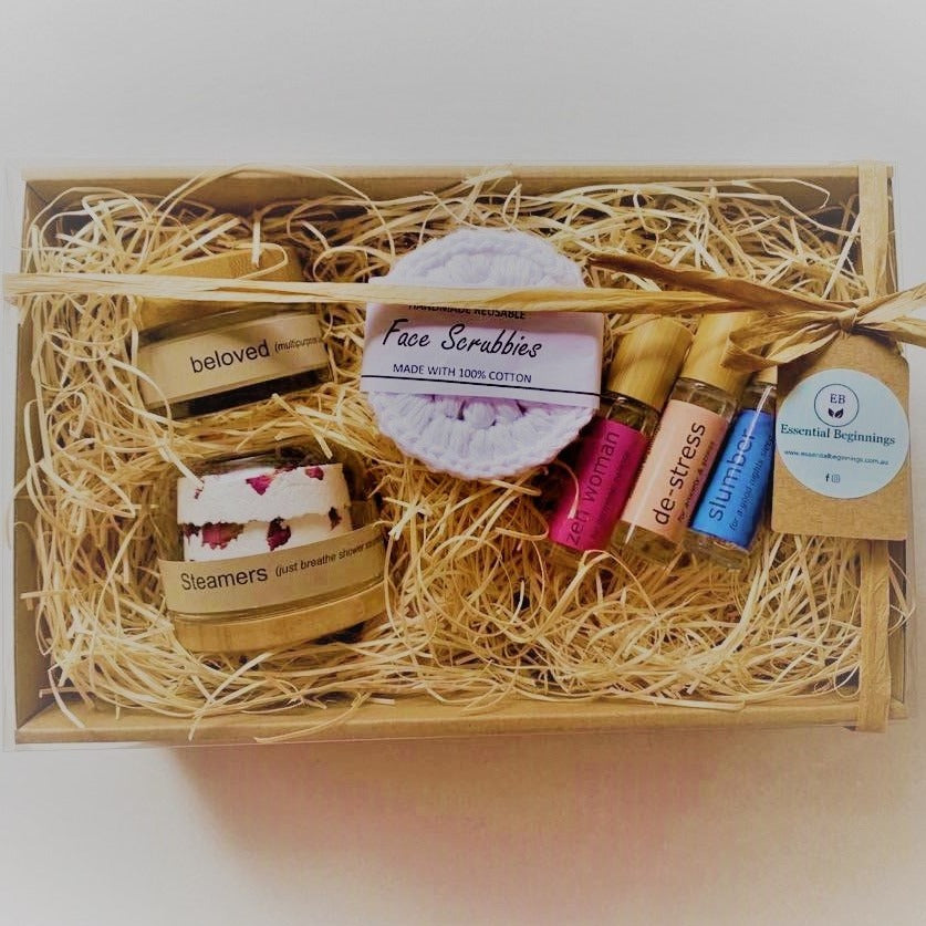 Essential oil mum giftbox is just what the doctor ordered. Mum, can indulge with our relax bath salts or steamers shower steamer. Our zen woman roller blend will help balance any hormonal challenges, whilst de-stress and slumber roller blends will help mum to relax after a long long day. Also included is face scrubbies and beloved balm