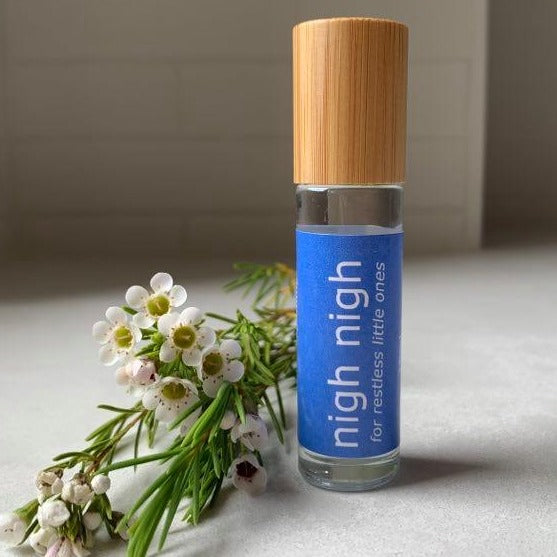 10ml bamboo and glass essential oil roller bottle for restless babies.