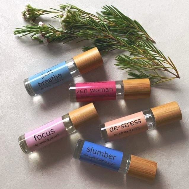 de-stress essential oil roller blend with lavender, Frankincense & Litsea. focus essential oil roller blend with basil wild Orange, and Douglas Fir. just breathe essential oil roller blend with Eucalyptus, Peppermint and Rosemary. slumber essential oil roller with Lavender, Frankincense and Vetiver. zen woman essential oil roller blend with clary sage, fennel and Litsea.